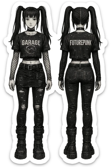 1 female outfit design for a VTUBER OC. The style is mixed 90's grunge, punk, lots of black and white in the color scheme, futuristic aesthetic. Clothing has small rips and tears from wear, logos and designs are faded. Garage, Shoegaze, postmodern style. character design concept art outfit for a female. [[FUTUREPUNK CYBERGOTH]] front on view, not 3/4 angle or any angle, perfect front, front and back view of each design,  sticker