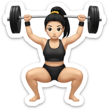Women with long black ponytail doing a sumo squat with no weights or barbells sticker