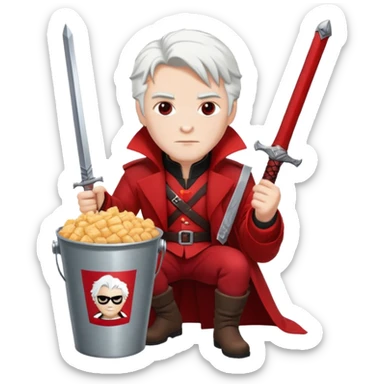 Dante from Devil May Cry sitting in a KFC bucket, red coat, white hair, rebellion sword sticker