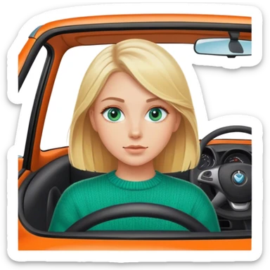 Cinematic realistic blonde with blue eyes, dressed in a green sweater, driving an orange car sticker