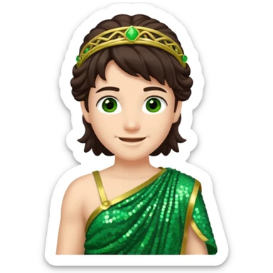 Juno from Roman Deities with long dark brown hair, green sequin toga sticker