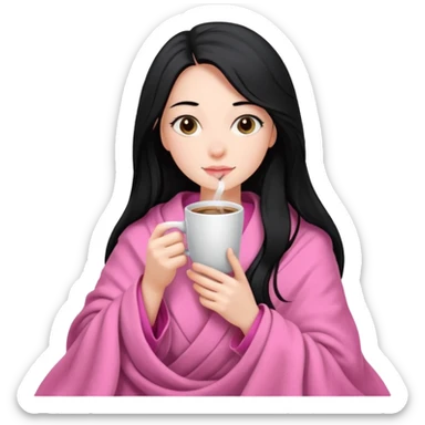very long black hair pretty girl in a pink blanket sipping coffee sticker
