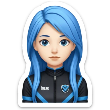 blue long hair woman with black racing outfit with blue strips sticker
