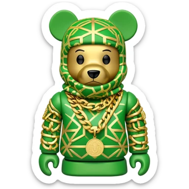 geometric bearbrick with lime balaclava filled with street brand logos graffiti style, wearing multiple heavy gold chains, cuban links and gold medallion, hip hop style sticker