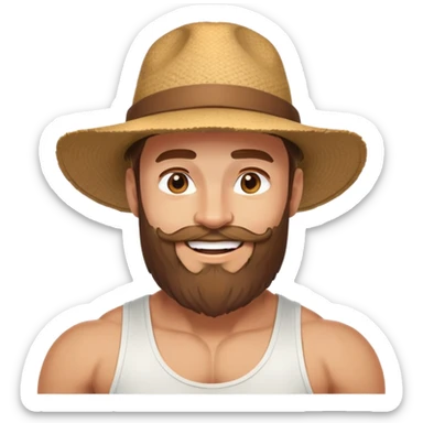 Muscular man with mid-long hair wearing a hat, big beard, smiling, white tank top sticker