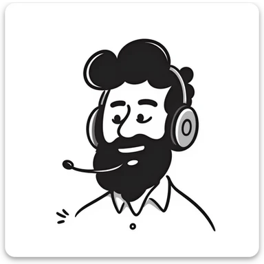 laughing man with black hair, brown eyes, black beard wearing gaming headset sticker