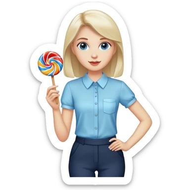female smart light blue blouse, dark trousers, shoes. one hand holding a lolly sticker