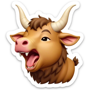 Cinematic Cute Yawning Domestic Ox Portrait Emoji, Head tilted slightly with a dramatic, wide-open yawn, showcasing a soft, textured hide with drooping horns and half-closed, drowsy eyes, Simplified yet irresistibly adorable features, highly detailed, glowing with a soft, cozy natural glow, high shine, relaxed yet expressive, stylized with a dash of pastoral whimsy, soft glowing outline, capturing the essence of a sleepy yet affectionate ox that seems ready to stretch out for a nap! sticker