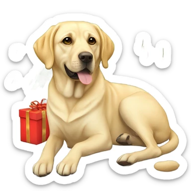 yellow labrador sitting next to a christmas tree sticker