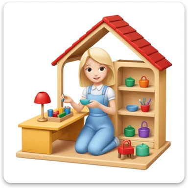 smiling girl arranging furniture in doll house sticker