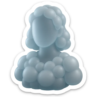faceless person, facing straight, fully composed of white fluffy convex clouds, shoulder length, no shadows, matte glass style sticker
