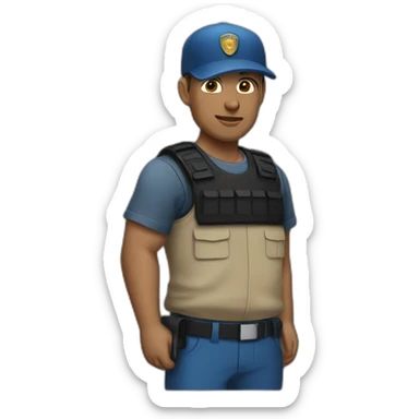 private security with blue shirt, black pants and black cap sticker