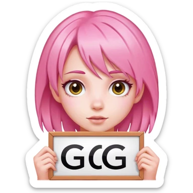 girl with pink hair, big sign, sign says GG sticker