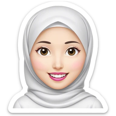 Asian white woman hijab, her hijab color are white, her face is small oval, her face is firm, her lips are pink, her eyes are shining, her face looks happy showing her teeth, her eyes are also smiling, her outfit color are white sticker