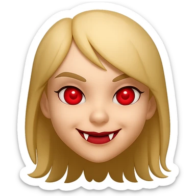 Make the character cute, not laughing, but add something to make her look scary such as fangs, glowing eyes, or a subtle sinister smile. She has blonde hair, is a white girl, and has red eyes. Render in emoji style. sticker
