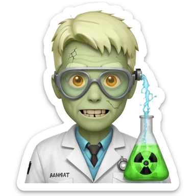radioactive zombie scientist portrait, head and shoulders only, glowing toxic veins, cracked goggles, lab coat with radiation badge, sinister smile, 3D cartoon, mobile game icon style, clean background, no text, no watermark
 sticker