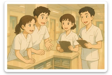 Team scene of four nursing students modeled after photos, interacting around a care station, Ghibli style. White uniforms with V-neck tunics, short sleeves, left chest pocket, no classic collar or visible accessories. Friendly atmosphere with soft hospital background. sticker