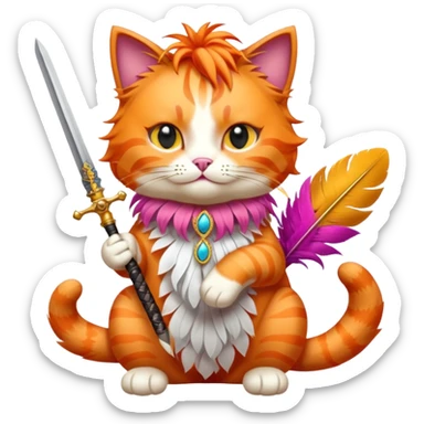 fabulous orange cat in drag bold colors feather boa sword in paw sticker