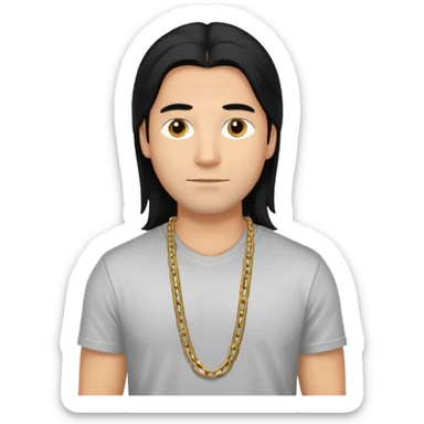 man in his 30s, long straight black hair, wearing a t-shirt and chain necklace, confident look sticker