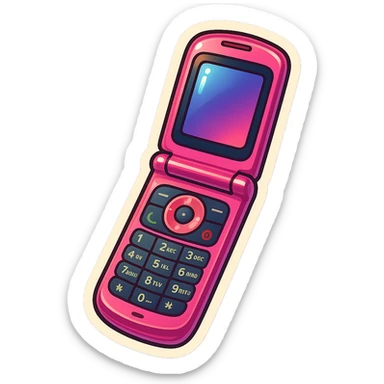 vintage pink razor flip phone, open, showing keypad and screen, retro style, shiny finish sticker