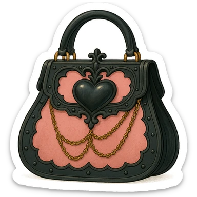 Pink and black gothic purse in Ghibli style, heart-shaped clasp, delicate chains, fantasy vibe, no background sticker