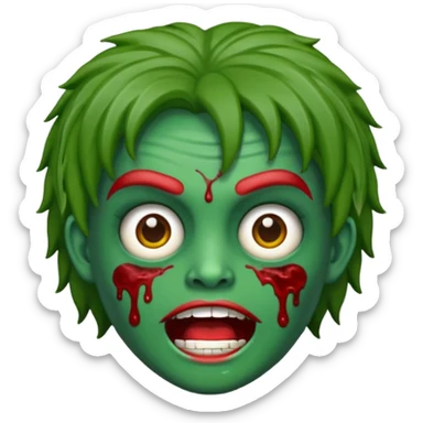 emoji de zumbi estilo WhatsApp, cabeça verde, cabelo cacheado vermelho volumoso, olhos brancos brilhando, expressão divertida e assustadora, cartoon, linhas limpas, fundo transparente, qualidade alta sticker