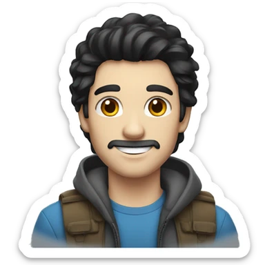 man. black hair, blue eyes, white skin. smiling, adventure sticker