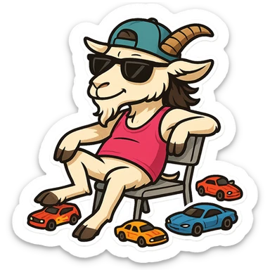 goat for Telegram stickers inspired by reference https://attic.sh/feoducyurkpqwz0la088soao98sx: wearing a cap, glasses, mullet hairstyle, pink drunkard tank top, sitting on a chair, with hot wheels cars sticker