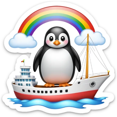Penguin on a ship with a rainbow overhead. sticker