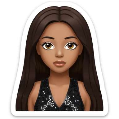 Aaliyah with long dark brown hair, black sequin outfit sticker