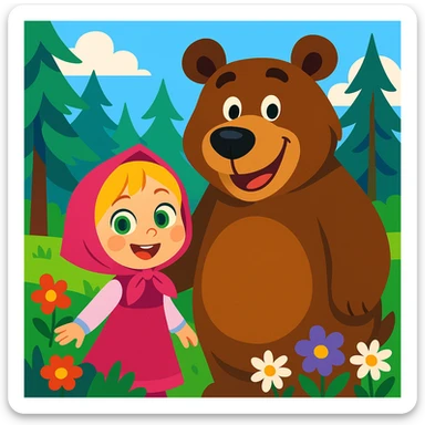 cute cartoon scene: a little girl with green eyes, blonde hair, pink dress and headscarf, smiling next to a big friendly brown bear in a lush green forest with tall pine trees and colorful flowers, bright and clean background sticker