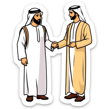 UAE sheikh in traditional clothes standing and talking with a USA businessman in a suit sticker