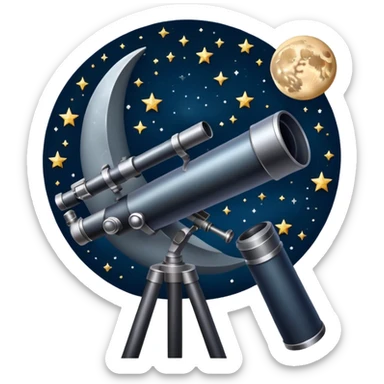 An icon featuring a telescope, stars, and a planet, symbolizing astronomy. The design includes a crescent moon, distant galaxies, and constellations, representing the study of space and celestial bodies. Transparent background highlights the exploration of the universe and cosmic phenomena. sticker