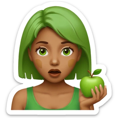 woman with green paint on her face, surprised expression, apple style emoji sticker
