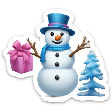 a snowman with blue haft and snowwoman with pink hat sticker