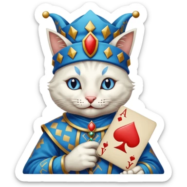crazy colorful cute little cat jolly joker from poker, medieval, vintage, court jester, mac os icon, blue color, poker cards sticker