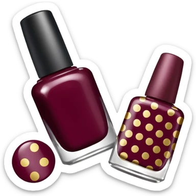 burgundy nail polish bottle, nail polish has light gold iridescence, cap is black with white polka dots, cinematic emoji sticker