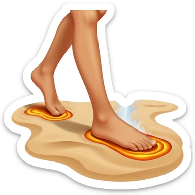 bare foot taking a step on extremely hot beach sand with heat waves and steam rising, showing discomfort without blood sticker