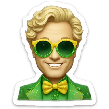 elton john wearing green and yellow patterned oversized sunglasses with scalloped edges for mardi gras sticker