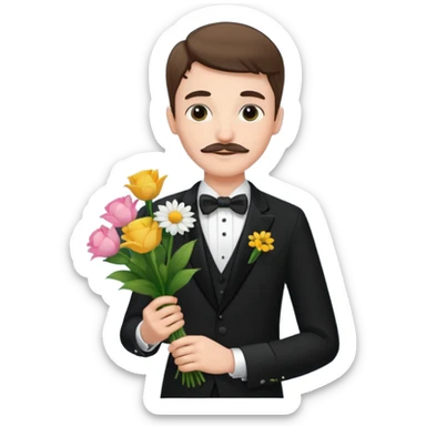 generate an ios genmoji of a 20 year old fair boy with very few mustache hair, carrying a flower bouquet, wearing a tux sticker