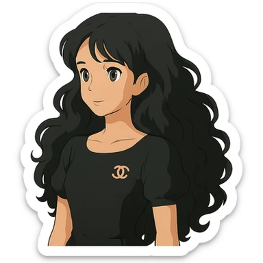 light skin girl with black very long curly hair, brown eyes, wearing a black Chanel dress, in ghibli style sticker