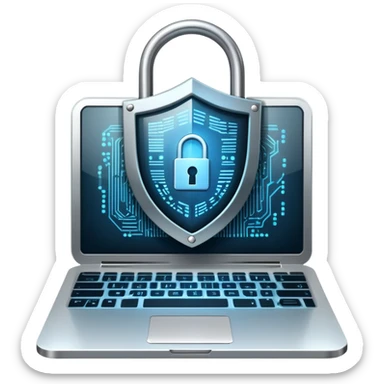 An icon featuring a digital shield with a lock, binary code, symbolizing cybersecurity. The design includes a laptop, warning icons, and secure network nodes, representing protection against cyber threats. Transparent background highlights digital safety and defense. sticker