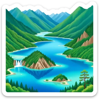 Jiuzhaigou Valley colorful lakes, simplified emoji style with bold outlines and bright colors, cartoon style blue water with mountains sticker