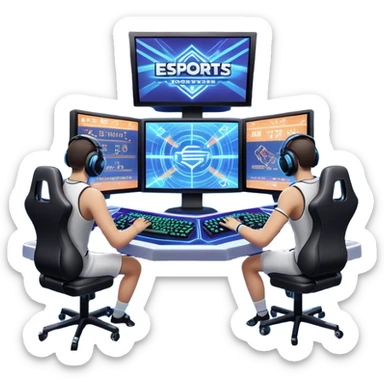 An icon featuring a gaming monitor displaying an intense esports competition, with players' hands on controllers and keyboards. A digital scoreboard and glowing energy lines surround the scene, symbolizing the excitement of competitive gaming. Transparent background highlights the world of esports. sticker