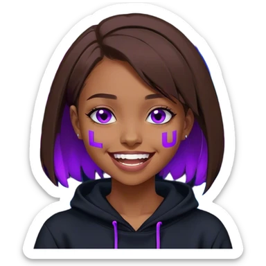 brown haired girl with a bob and blue eyes wearing black hoody with violet letters "Lu", laughs. Cyberpunk style. Violet neon. sticker