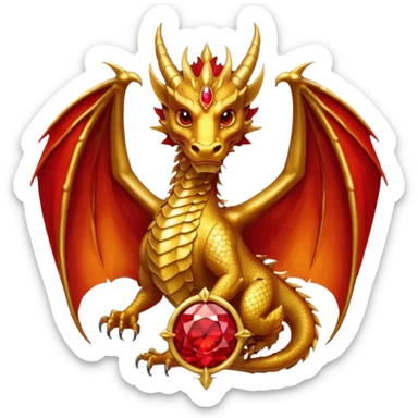 Golden Dragon with golden wings golden crest/brosch in a golden circle with red gems sticker