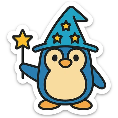 A penguin wizard wearing a wizard hat and holding a magic wand. sticker