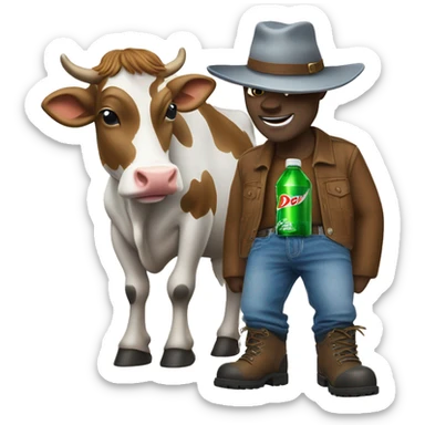 Cow with a Mountain Dew in its hand with jeans and boots and a 𐚁 hat on  sticker