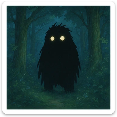 mysterious shadowy monster with glowing eyes in a magical forest background in ghibli style sticker