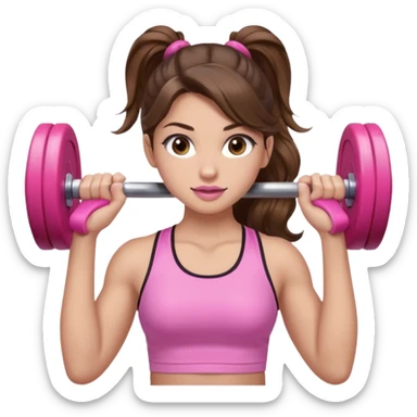 girl with wavy long ponytail brown hair, brown eyes, light to medium complexion, long lashes, light pink lipstick, wearing light pink shirt, lifting pink weights in a sports top sticker